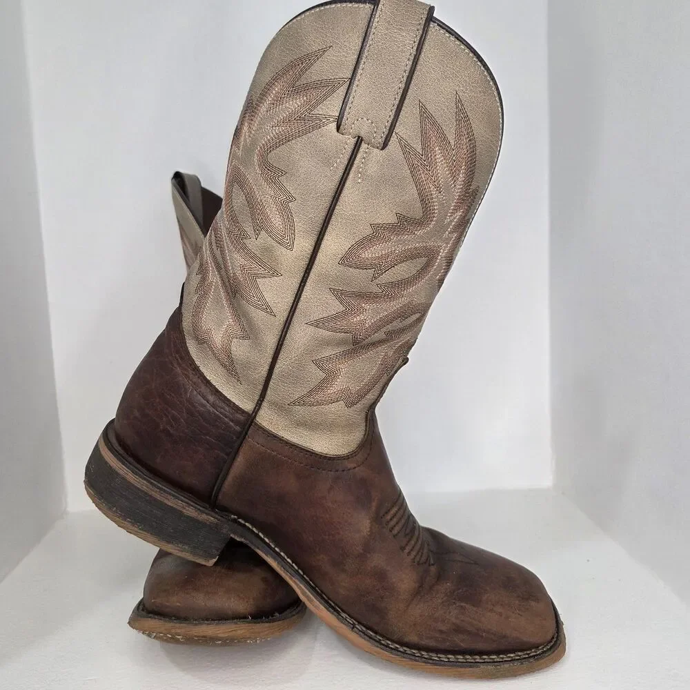Nocona Men's Henry Western Boots Antique Brown Vtg Stone Square Toe Size 9.5 D